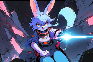 (vintage vhs), (crt screenshot), (((angry cathedral shootout spacewalk))), (((angry blue anthro kemono furry rabbit exploring old ruins))), (((underground cavern shining flashlight in old ruins))), angry anime rabbit character with futuristic hair and glowing eyes exploring old ruins, anime art, anime aesthetic, (((old ruins in background cel art))), angry kemono anime space cadet rabbit girl, wearing cybernetic bunny ears, angry powerful female fighter --v6