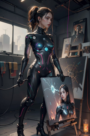 (masterpiece, best quality, highres, absurdres, detailed:1.2), humanoid, robot, wearing headphones, looking away, (cyberpunk, art canvas, paint brush, easel, iridescent, holographic: 1.6), (cables, wires, flames, fire, smoke, overheat, explosion, indoors, room, simple background), Bundle of Thin Tubes, Metal Cylinder, Detailed Neon, Fine LED, Fine Parts
