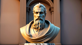 Arafed statue of a man with beard, Divino e estoico, Escultura realista de 8K Bernini, Escultura de argila CGI, Petros e Leonid, modelo detalhado da argila, rosto estoico com lado esquerdo aparecendo, Stoic and Weighted Facial Expression, Rosto masculino e busto com busto virado para a esquerda, Marble statues, statues, Escultura 3D de marmore esculpido, 3D rendering of clay