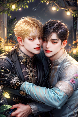 BL, gay men, two boys, gay men, beautiful night view, flowers, fireflies, affectionate eyes