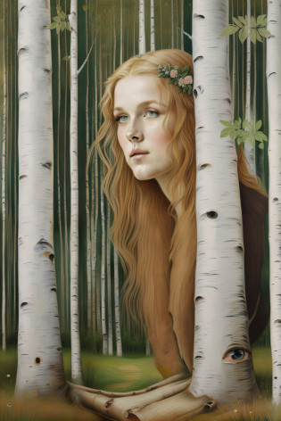 (((Pre-Raphaelite painting of the face of a blonde Celtic woman emerging from birch trunk, sobrancelha, eye mark on birch trunk, floresta encantada celta, outono)))