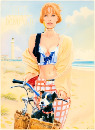 painting of a woman with a dog and a bicycle on the beach, by scar Domnguez, milo manara style, illustration, milo manara, by Osvaldo Romberg, inspired by scar Domnguez, milo manara - h 1 2 0 0, by Ignacio Zuloaga, by Jos Comas Quesada
