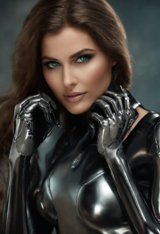 (RAW-Foto, highest  quality, Meisterwerk: 1.2), (realistisch, fotorealistisch: 1.4), (Meisterwerk: 1.4), (highest  quality: 1.4), (super detailliert), ((Hoher Kontrast)), (high saturation), (nice detailed eyes), ((very delicate and beautiful)), (beautiful hands, perfect hands), ((Five precise fingers, feminine beautiful fingers)), (Hintergrund ist eine mechanische Cyberstadt ohne Menschen), A girlis, nur, dunkelbraune Haare, Lange Haare, Seitliche Verriegelung, asymmetrischer Pony, Nice, detailliertes Glashaar, Bodysuit, schwarze Handschuhe, Brust, Cowboy erschossen, im Freien, Aufnahme der Haare, Impossible body, impossible clothes, long sleeves, Zuschauer ansehen, Bikini aus schwarzem Leder, Cyber-Anzug, green eyes, (very shiny clothes), Straffe Haut, big clevage, Abs, thigh gap, Oberschenkel, (small buttocks), Oiled, shinny skin, (shinny skin), realistisch, Weibliche sexy Pose, kybernetisch_Kieferlos, Mechanische Teile, kybernetisch, urbansamurai_v0.3, AB_Roboter, Roboter, Mechaware, tattoo