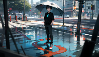 Alone boy , long boy , 17 years old, anime boy, front hairs on forehead, restlessness on face, hopeless, just want to curl up and die, innocent black eyes looking downward, head slightly looking downward , black shirt, black phant, white Nike AIR-1 JORDAN, standing on street sadly, both hand inside pockets, rainy street,  poddles of water, darkness in the street, reflection, reflecting,  masterpiece, best quality, high details, high quality, textured skin, accurate, UHD, HD