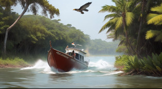 The environment is a river surrounded by dense tropical vegetation, with giant birds of prey diving from the skies to attack Mbumba's boat, Senzo and Jos�.