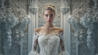 commercial photo of model full body portrait of a young beautiful bride symmetrical face Baroque, Rococo, Surrealism, unreal engine, intricate complexity high resolution, whimsically designed, portrait of a young beautiful bride, symmetrical face, perfect lighting, photorealistic 32K UHD, Pentax K-1 Mark II, Nikon AF-S Nikkor 14-24mm f/2. 8G ED --ar 16:9 --style raw --v 5. 1 --s 750 --q 2