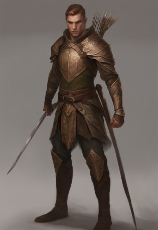 a close up of a elf with a longbow and face scars, copper, young elf male , with tattoos and scars on the body, male elf portrait, covered in scale armour, fit young male , concept art of god, muscular , young god, ranger male fantasy gloom stalker, detailed full body concept, wood elf ranger character, immortal, no wrinkles, mysterious, dark, evil, scars, blood.