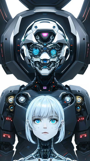In this robotic portrait illustration, we witness the intriguing fusion between human essence and technological presence. A human face is represented in subtle detail, while robotic elements are integrated harmoniously and expressively.

Wires and cables intertwine delicately with the contours of the face, symbolizing the connection between man and machine. Circuits and gears adorn the composition, representing the complexity and functionality of the technology. These mechanical elements are elegantly incorporated, complementing the human facial expression.

The cybernetic eyes are the highlight of this illustration, with their captivating and hypnotic appearance. They represent the window to the digital world, where information and perception are transformed into a unique experience. These eyes symbolize the magnified vision and expanded perspective that technology provides.

This robotic portrait illustration is a powerful visual representation of the interaction between humanity and technology. It evokes questions about our increasingly intimate dependence on and interaction with artificial intelligence and how it shapes our identity and experience. It is a visual reminder of the constant evolution and potential of the fusion between the organic and the mechanical, capturing the essence of modernity and interconnectivity.