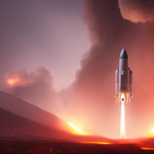 massive rocket ship during its launch from the ground| ground level full of fire and smoke| extreme long shot| centered| vibrant| massive scale| dynamic lighting| in mdjrny-v4 style