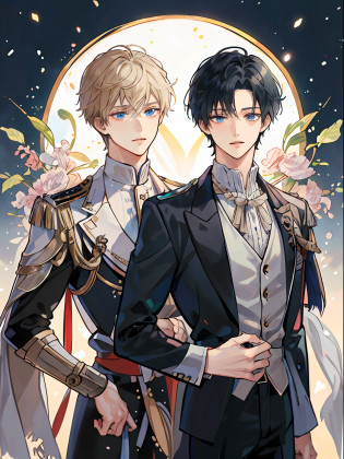 ((??????A masterpice))?Two anime handsome men?knights?black  hair?a blond?Blue eyes?Golden eyes?sirius a and sirius b?Comic art?high quality fanart?from cryptid academia?inspired by Masanobu Okumura?epic anime style?detailed fan art?Akihiko Inoue and Rostran