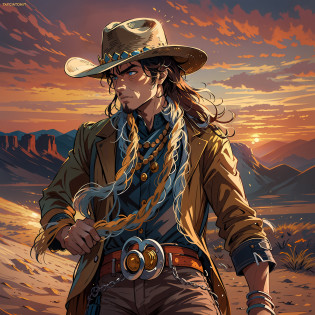 Create an image of a cowboy with a hat in the desert to be used as a profile picture, with a detailed description.