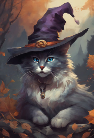 a close up of a cat wearing a witch hat sitting on a rock, cat witch, witchy, oil painting of cat witch, scarry but bewitching, witch, with bewitching eyes, classical witch, with a bewitching voice, bewitching, witch fairytale, a witch, black cat, anime cat, blue witch hat