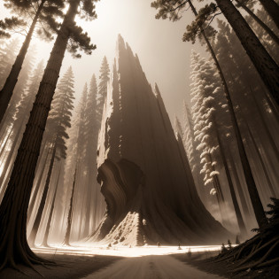 (extremadamente detallado, obra maestra, La mejor calidad, Tono sepia), un gigante con un hacha camina por un bosque. meteorito en el suelo, agujero profundo, Giant crater. burned trees. Oggre hidden among the trees. Daytime Lighting.