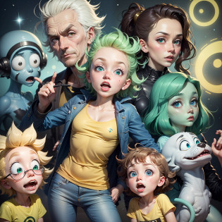 title: �Rick and Morty�s Interdimensional Adventure�. gerar uma imagem colorida e vibrante de Rick e Morty, Two iconic characters from American animation. The intention is to create a faithful representation of the original characters, com detalhes impressionantes e cores vibrantes. Rick will be portrayed as an eccentric old man, com cabelos brancos e uma sobrancelha levantada. He will wear a white lab coat over the green T-shirt and blue pants that make up his iconic costume. Your eyes will be expressive and your posture will be relaxed, suggesting trust and security.  Morty, por outro lado, will look younger and more innocent. He will wear a yellow T-shirt and blue pants, and will have shaggy brown hair. Your eyes will be big and round, conveying an expression of surprise and curiosity. The image will be colorful and vibrant, com tons brilhantes de azul, verde e amarelo. capture the iconic features of Rick and Morty, keeping their personalities and appearances unmistakable. Elementos como portais interdimensionais, Strange creatures and futuristic technology will be added to emphasize the intergalactic adventure in which the characters are involved.