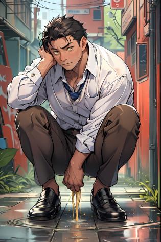 A3R1, Hector Fey ?Multi-view upper body? Suit pants view?legs separated?A3R1,pissing?Pee yourself?His own urine ran down his thighs?perfect male figure? Aerith Gainsborough ,The suit pants are wet?Urine runs down the leg of the trouser?Yellow eyes?sit astride?legs separated?Can't hold back urine?wants to pee?Wear a tie?wearing leather belt?Long Sleeve White Shirt??The shirt is soaked??Black hair short hair?perspire?Black suit trousers?dress shoes?Nervously bow your head?is shy?embarressed?exhilarated?is shocked?panicking?worry?exteriors?On dry ground? A small puddle of his own urine formed around his feet?legs are open?Very eager to pee?Unbearable?Can't help but pee?Urine flows from the crotch to the legs?Incontinence?It's uncomfortable?Very anxious?Sweat runs from the crotch?Wet yourself?urinating?high detal?hentail realism?ultra-realistic realism?three sided view? A masterpiece of careful planning?A high resolution? hyper HD ?anatomy correct?super detailing?best qualtiy?A high resolution?8K