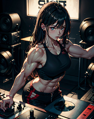 (Masterpiece, Best quality:1.37), Ultra-detailed:1.37, ultrasharp:1.37, Anime style, An illustration of a female bodybuilder 2 meters tall?She DJs while showing off her muscles. Female bodybuilder is 2m tall?musculous. Female bodybuilders wear tank tops and shorts, Expose her muscles. A female bodybuilder stands on a DJ booth?Play music with turntables and mixers. A female bodybuilder plays music?While showing off her muscles. The audience was overwhelmed?Crazy with her female bodybuilding muscles. This illustration shows the intense and dynamic performance of a 2-meter-tall female bodybuilder DJing while showing off her muscles. You can clearly see the enthusiastic audience overwhelmed by the muscles of female bodybuilders.