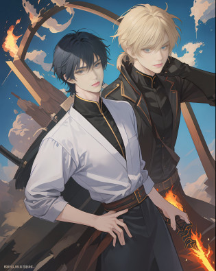 ((The Highest Quality?master masterpiece)), comic art?anime characters with a fire in their hair and a man with a sword, otaku gangasta, sirius a and sirius b, high quality fanart, from cryptid academia, two anime handsome men, epic anime style, anime poster, Detailed fan art, akehiko inoue and ross tran