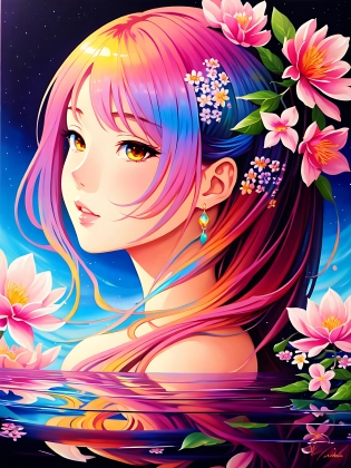 thick acrylic illustration, gorgeous anime girl, oil painting, extreme iridescent reflection, flower decorations, chiaroscuro, holy cinematic rim lighting, rococo art