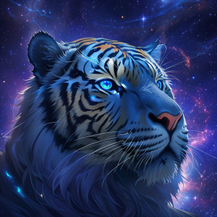Close up of tiger on purple and blue background?portrait of a cosmic entity?Strange portrait of lightning?In the starlight plane? ? ??Astral appearance?galactic dmt entity?Themes around Nebula Halos?Glowing black halo?cosmic entity?Galactic entity?galactic deity?Cosmic terrorist entities?quality astral projection render?Portrait of the cosmic god?astral ethereal