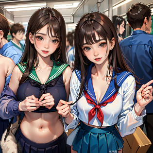 ((Realistic lighting?top-quality?in 8K??masterpiece:1.3))?Clear focus:1.2?twogirls?Perfect figure:1.4?Slim abs:1.1?((dark brown hair))?(White crop top:1.4)?(outside of house?natta:1.1)?Street?Super fine face?Narrow-eyed???????Beautiful fece?Opened mouth:1.8?Smile?Staring at the camera with a refreshing smile?Two beautiful sisters who are most famous in the world?Constriction of the lower back?Beautiful legs?Taut skin?Highly detailed facial and skin texture?A detailed eye?thin cheeks?Healthy skin?(Layered hairstyle?dark brown hair)?(large full breasts)?((disheveled outfit and hair:1.2))?(Elegant Japan sailor suit:1.5)?((skirt rift:1.3)),  (Large breasts emphasis?Natural cleavage)?(Cuddle in an incredibly crowded subway train))?frombelow?((Blushing expression:1.5))?