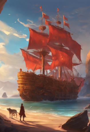 Um grande navio de madeira, com as bandeiras vermelhas que contem o esqueleto de um cerberus nelas, In front of the ship has carved three dog heads, representando um cerberus. Motor Unreal 5, anime, estilo anime, master part, navio  bem desenhado, navio bem detalhados, cerberus bem detalhado, 8k, Efeito de Luz e Sombra.
