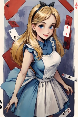 masterpiece, best quality, highres, ultra-detailed, solo, 1girl, <masterpiece, best quality, solo, looking at viewer, front view, smile, <lora:Aliceinwonderland_character-20:0. 7>AliceWonderlandWaifu, dress, <lora:add_detail:0. 6> large breast, in worderland, have a playing cards