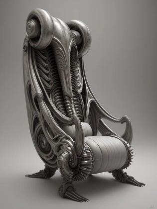 huge HR Giger style chair, concept furniture, painting on grey, hyper realistic, illustration, digital art, trending on artstation, highly detailed, fine detail, intricate, diagnal view