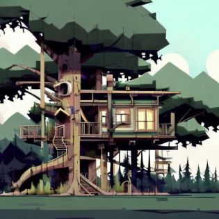 evang, tree house in the forest, atmospheric, hyper realistic, epic composition, cinematic, landscape vista photography by Carr Clifton & Galen Rowell, 16K resolution, Landscape veduta photo by Dustin Lefevre detailed landscape painting by Ivan Shishkin, DeviantArt, Miyazaki, Ghibli, 4k, artstation, unreal engine