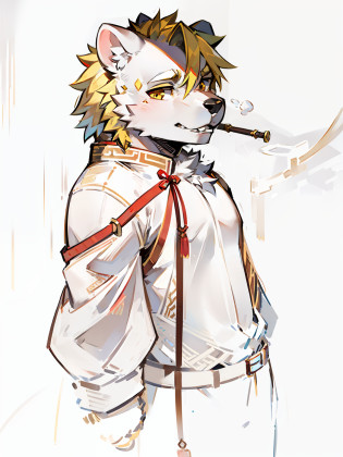 white bear?Yellow hair?Bear Man?Fantasy animal?period costume?Red coat?Hanfu?A white bear-shaped orc dressed in ancient Chinese costume looks at the audience with a pipe in his hand?Ancient Chinese culture?ancient Chinese costume?Golden bangles?Golden eyes?Bear eyes?bear?white bear?Bear-type orcs?White bear-type orcs?Orc symbaroum?Furry,Fantasy animal,He held an antique long pipe in his hand,Yellow hair,A small braid is tied with a red rope on the back of the head?Golden clothes?