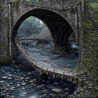 Computer, Extensive ultrasound photography (general view, bridge 1: 5, Scale, realistic fantasy, ultra-detailed, volumetric, detailed clarity, general view, detailed gloomy landscape under the bridge, computer accuracy, 1: 2, 8kk. In the foreground is a large stone bridge, gray, marsh colors (ultradetailed), under the bridge the shore, steps, cobwebs under the pavement, a large wooden barrel (1: 2), made of wood (ultradetail), stones, river, dark, gloomy colors, horrors,  Magic(Best Quality), 4K, Ultra Detailed, (Dynamic Composition: 1.4), High Detailed, Colorful Details, (Gloomy Colors: 1.2), (Luminous Lighting, Atmospheric Lighting), Cool, Gloomy, Magical --auto --s2