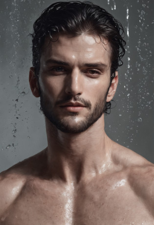 vogue photography?Handsome and strong male model standing in glass bathroom shower,Sweaty, Water droplets from the shower head fall from above, ssmile, waistup, Back muscles, glute,Side face, Tie-up long black curly hair,little beard, Healthy complexion, Strong, big shadows?Strong chiaroscuro?Handsome muscular male model, editorial model, very very roberto ferri, steven klein, underwear ad, Strong mature male, inspired by Adrian Zingg, alex kanevsky, Danila Tkachenko, Melt Arras and Marcus Pigot, Open V chest clothes, vman magazine, Healthy skin and roughness