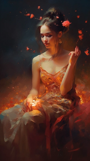 Oil painting of a stunning fire fairy, in a dark forest. ::5 The fairy is exquisitely beautiful, slender, alluring, standing in a tempting pose. She wears a tight leotard, very revealing, red. The background is a swirling fire, with giant red fire splashes, illuminating the darkness. ::4 Fairy sparks fill the air, spread by the graceful, alluring fairy with a mischievous aura that draws all who behold her under her spell. Her lithe figure and delicate wings seem to shimmer like an ember. The mood is sensuous, fiery, ethereal. cinematic lighting, bokeh, fantasy lighting. ::3 Contemporary painting using loose brushstrokes and a range of values and hues to create a luminous and ethereal effect. fantasy art, oil painting, contemporary romantic impressionistic art. ::4 --no bad anatomy, text, signature, watermark, username, low resolution, worst quality, low quality, jpeg artefacts, blurry, cropped, badly framed --ar 9:16 --v 5 --c 20 --seed 2482 --s 500