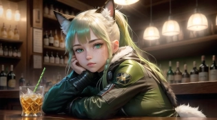 Cat-Woman sitting in a bar and drinks a whiskey