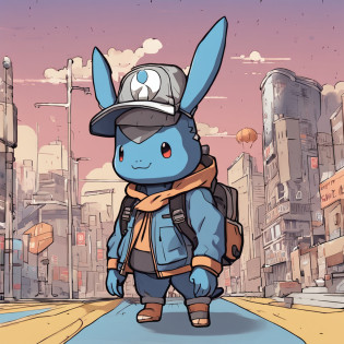 There is a boy, wearing a hat with two horns on its head, and dressed in clothes. Resembling a new Pok�mon, with a cute style. A ground-type Pok�mon. It stands on two legs and is carrying a gray backpack. It's standing on top of a building, surrounded by a cityscape. Its cute stubborn face is endearing. The dominant color scheme is gray-blue. It belongs to the bread-type Pok�mon category, with Ken Sugimori's art resembling that of Pok�mon, as seen on bulbapedia.