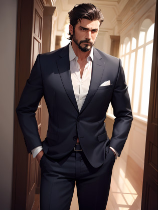 Mature male, little bearded, victroian suit, classic gentleman, high-class man, black suit,frowning,4k, high-res, masterpiece, best quality, sharp focus, (cinematic lighting), collarbone, [:(detailed face:1.2):0.2]  [half body potrait] [ classic suit], solo middle age man, 1 man, fit middle age man, strong middle age man, handsome middle age man, mascular middle age man with classy suit, charming, mascular middle age man.