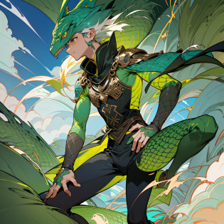 Vivek, the Brazilian hero fused with the tei� lizard, is standing atop an imposing cliff overlooking the turquoise ocean. The tropical sun of the Northeast shines brightly in the sky, illuminating his unique costume. He is in a heroic pose, with his feet apart and his hands on his hips, displaying confidence and determination.

Vivek's costume is a combination of elements inspired by the fauna and culture of the Northeast. The light, breathable fabric moves smoothly with the sea breeze, while the vibrant colors stand out against the tropical backdrop. Shades of green and black predominate, reflecting its connection to the tei� lizard.

Vivek's mask wraps around the top of his head, revealing only his glowing eyes, which express a mixture of courage and mystery. Green details scale the mask, reminiscent of the scales of the tei� lizard and adding a reptilian touch to the look.

A stylized collar wraps around her neck, inspired by the northeastern fauna and decorated with handmade patterns in green. It extends to her shoulders, evoking the scales of the tei� lizard and adding an element of protection to the suit.

The chest of the costume features a stylized symbol, a silhouette of a tei� lizard in green, which represents the fusion between Vivek and the animal. Embossed textured details in the strategic areas of the suit, such as shoulders and forearms, resemble the scales of the tei� lizard, adding a visually striking touch.

Vivek wears fitted black pants that extend to the green boots with black accents. The boots are sturdy and provide traction for your stunts and quick movements.