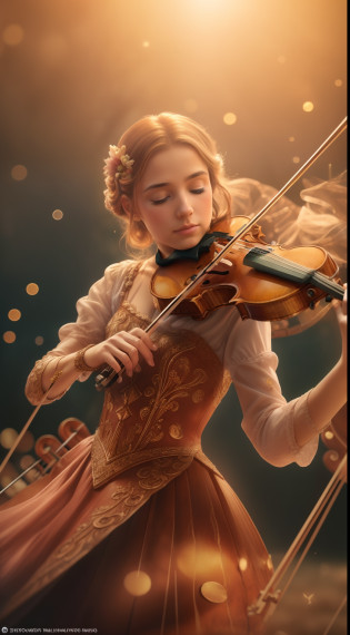 HDR 4K, 8k, Fantasyart, Stunning illustration, detalles preciosos, obra maestra ultra detallada, hiperdetallada, cuidadosamente detallada, (rostro perfectamente detallado), (manos perfectas:1.7), (Playing the perfect violin:1.3), perfect violin, Living Symphony