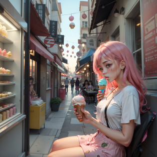 Alafe girl eating ice cream and pink toothbrush, a picture inspired by Ma Yuanyu, Tumbler, Realism, Eating ice cream, eating ice - cream, ice cream on the side, Ice cream, ice cream cone, Eating, mukbang, eating cakes, lofi girl aesthetic, ulzzangs, eating outside, ??, cutecore