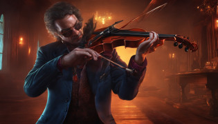 Arafad image of a man playing violin in a dark room, fantasy violin, Kerem couplet, Just the art of dark metal music, dark but detailed digital art, 8 0's style Thomas Allen Kopera, (fantasy violin), Tomasz Alen Kopera and CGsociety, dramatic artwork, stefan gesell, author?Slawomir Maniak