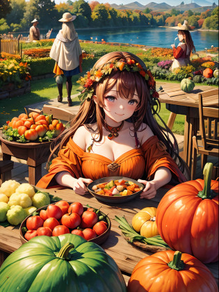 there is a large pile of vegetables on a table in the garden, harvest fall vibrancy, autum garden, vegetables, an island made of food, harvest fall vibrance, 1614572159, the goddess of autumn harvest, veggies, very surreal garden, wonderful compositions, beautiful eden garden, wonderful masterpiece, ????