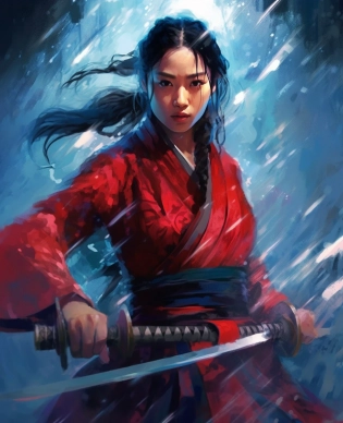 a painting of Nak-Su, the beautiful Korean female assassin from Alchemy of Souls, Go Yoon Jung, holding a sword in an ocean covered by ice, red traditional hanbok, hair tied back, in the style of dark sky-blue and red, cinematic movie still, k-drama, historical drama, lit kid, metafictional, snow scenes, technological fusion --ar 25:31 --quality 2 --s 750 --v 5. 1