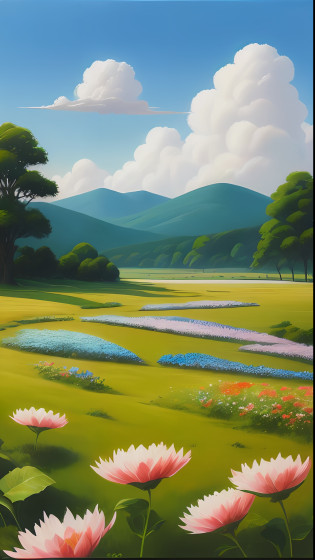 Authentic, beautiful and amazing landscape oil painting, Studio Ghibli, Miyazaki's petal steppe, blue sky and white clouds