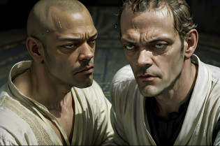 there are two people arguing, (((bald laurence fishburne))), (((Hugh Laurie))) , (((dressed in biblical times clothes))), hairless black man, dressed in white, arguing with evil looking Hugh Laurie, (hugh laurie with white biblical clothes), (Hugh Laurie and laurence fishburne arguing), ((extreme closeup)), (close up)