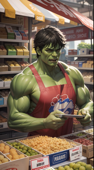 Subject: A powerful and photorealistic depiction of Hulk selling goods at a bustling marketplace, showcasing the contrast between his massive strength and the everyday activity of being a vendor.
Type of Image: Digital Illustration
Art Styles: Realism, Everyday Life, Market Scene
Art Inspirations: ArtStation, DeviantArt, Marvel Comics, Market Vendor Scenes
Camera: Professional DSLR camera with high-resolution capabilities
Shot: Medium shot
Render Related Information: Capturing the details of Hulk's vendor stall and the lively market atmosphere with realistic precision, utilizing natural lighting to create a dynamic and bustling setting, and portraying the human side of Hulk as he interacts with customers.

Camera Lens: 70mm Telephoto Lens