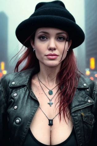 urban photography, super close up of 1girl, very beautifull, 30 years old, freckles, black eye, short wet red hair, shy expression, metal necklace, wool hat, earrings, rain, she wears a top wet and black pants, perfect body, big lips, smiling, looking on camera, big busy city on background, heavy lights, caustic, volumetric lighting, real life, highly detailed, photography, low contrast, Kodak Portra 400, 8k, --ar 3:00 --s 750