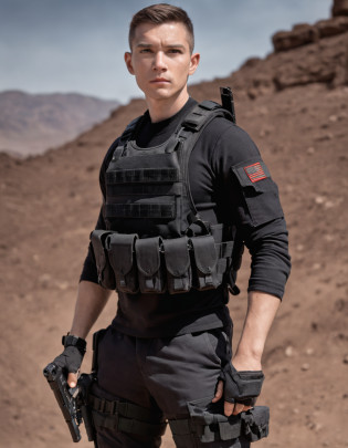 Half body, a military contractor, male, short Mohawk, trained body, tattoo, black combat suit, cargo pants, black tactical vest loaded with magazine, black holster loaded with pistol, tactical boots, black SUV background