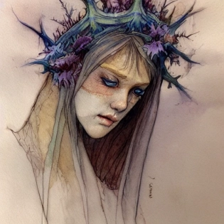 Brian froud watercolor sketch illustration iris compiet style fae creature wild woods forest crown thorns tree branches soft high cheekbones hollow face thin bruised eyes watercolor blending soft lines pixie thin sharp features forest themes gelfling creature pixie thin