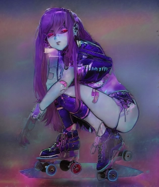a close up of a person on a skateboard with a purple hair, 9 0 s anime art style, 8 0 s anime vibe, decora inspired illustrations, 90s anime style, 9 0 s anime style, 8 0 s anime art style, cyberpunk art style, 9 0 s anime aesthetic, anime vibes, 8 0 s anime style