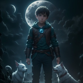 Boy with a spectral dog, super realistic, 8K, spectral city in moonlight --auto --s2