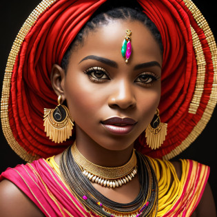 a close up of a woman with a necklace and earrings, intricate african jewellery, stunning african princess, african woman, african queen, african, black african princess, african princess, dark skin female goddess of love, gorgeous woman, vibrant hues, black young woman, colorful adornments, photo of a black woman, inspired by Ras Akyem, african arts --auto
